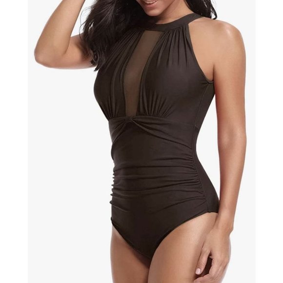 Tempt Me High Neck Mesh Plunge Ruched Swimsuit M - Picture 4 of 6